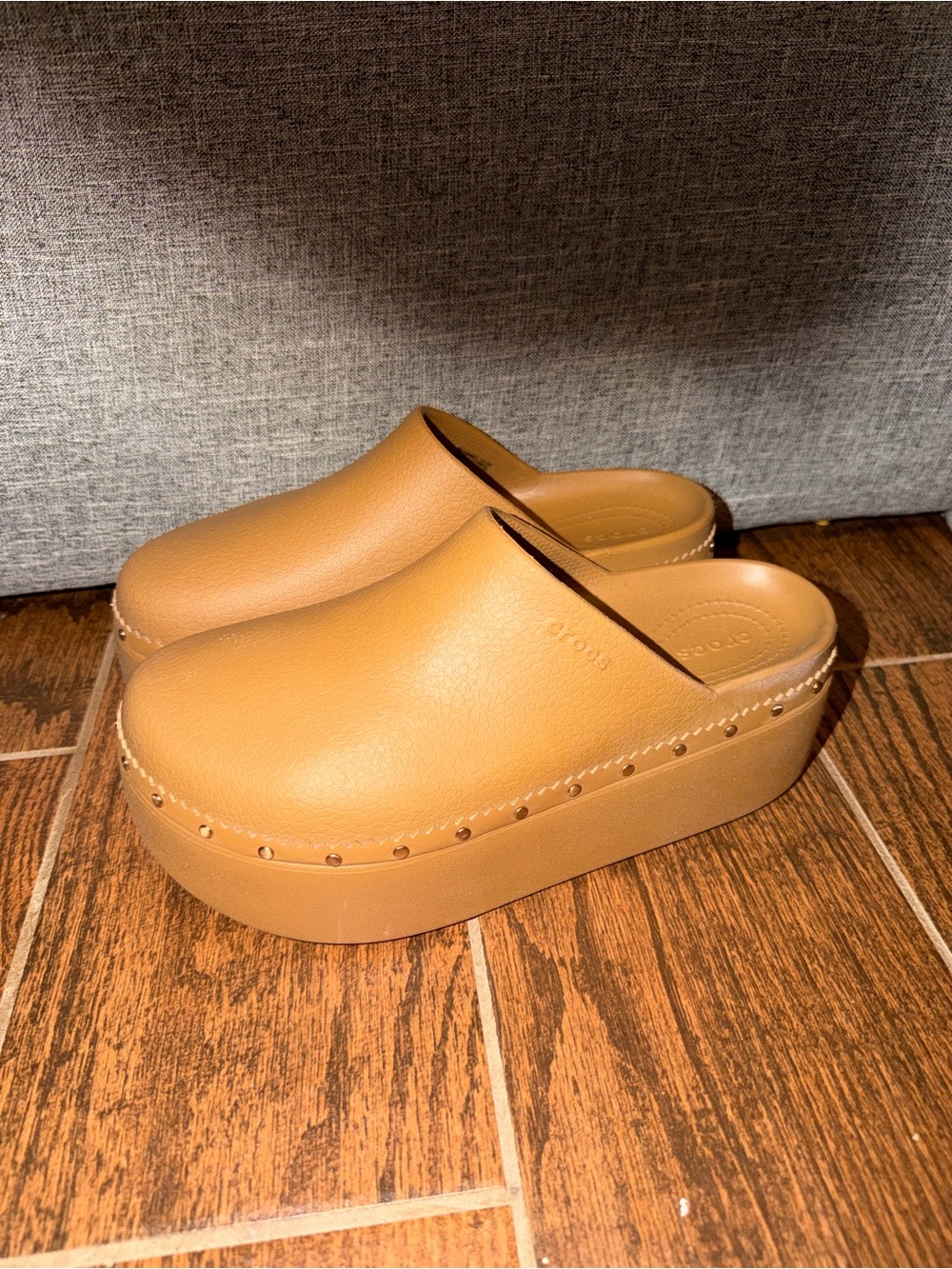 Platform Crocs Mules in Tan